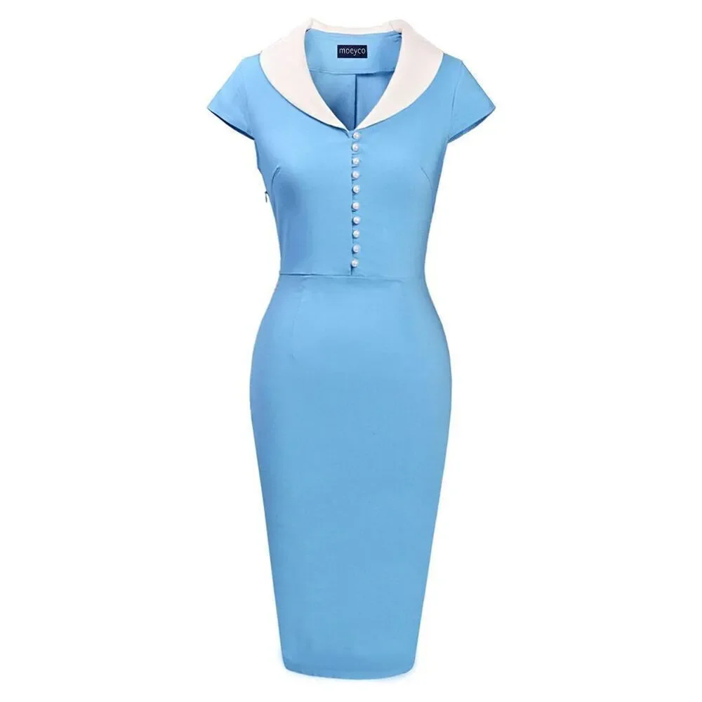 Retro Vintage Pinup 1950s Classy Elegant Cocktail Pencil Midi Blue Dress XXL NWT